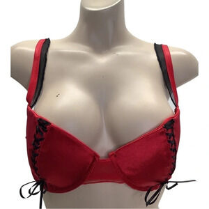 Popsi Size 36C Red Lace Up Underwire Bra W/Mesh Ruffle Trim (Preowned)